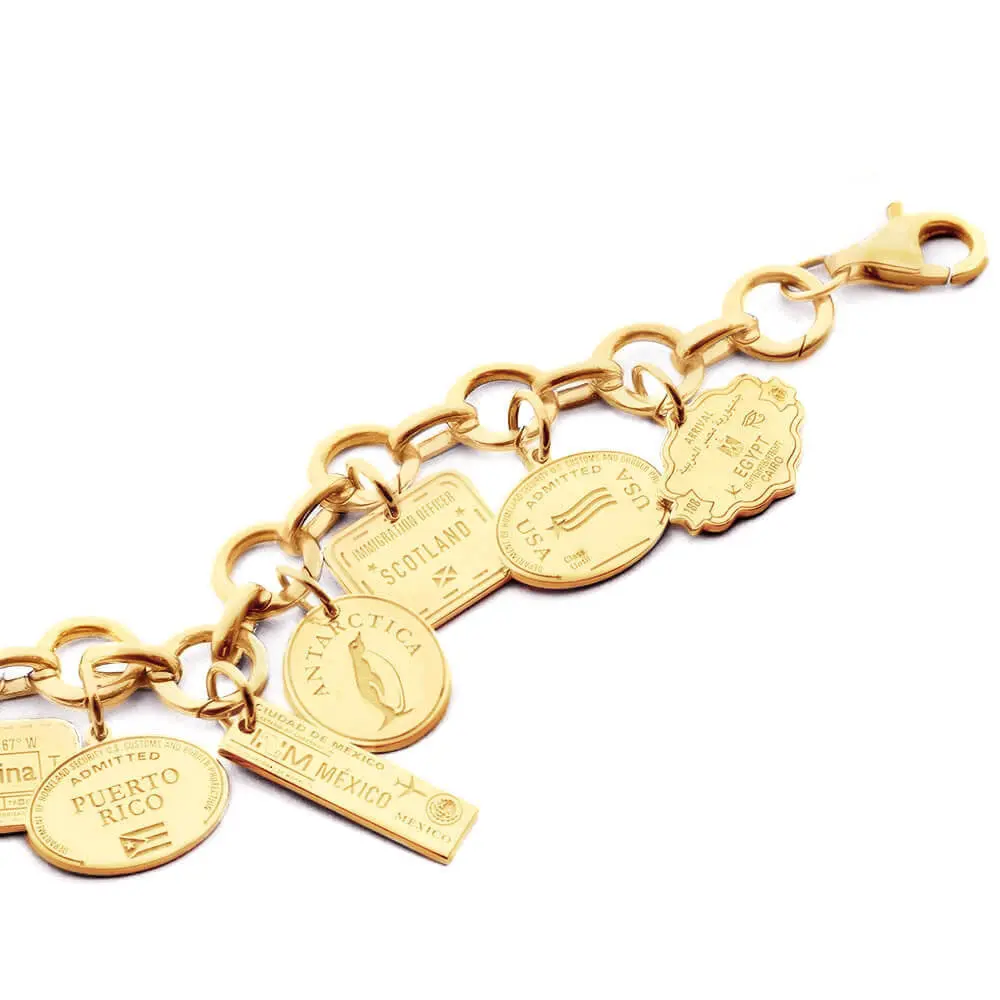 Bracelet Bundle: 12 Solid Gold Passport Stamp Charms