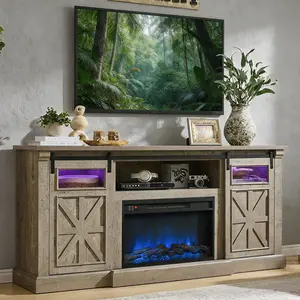 Fireplace TV Stand for up to 80 Inch TVs, 32’’ Tall LED Entertainment Center with Electric Fireplace, Farmhouse TV Console Table w/Sliding Barn Door & Window for Living Room, Rustic Gery