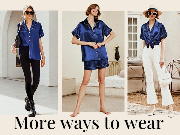 EKOUAER Womens Silk Satin Shorts Sets Button Down Cozy Loungewear 2 Piece  Set S-XXL