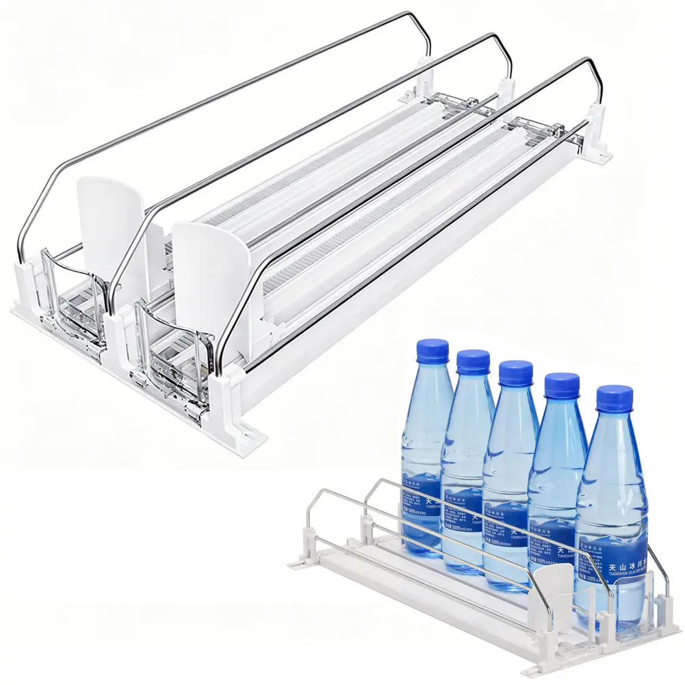 Upgraded Plastic 2-Row Automatic Self-Pushing Beverage Pusher Dispenser with Metal Frame - Slide Installation, Space-Saver Refrigerator Storage Rack for Soda Cans & Water Bottles, Holds 10-15 Units for Kitchen Organization