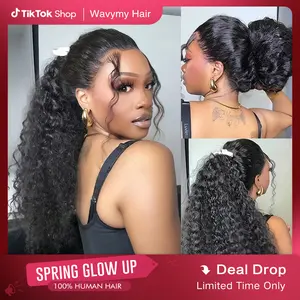 Wavymy 360 Straight Invisi Drawstring Wear Go Glueless Pre-Bleached And Pre-Cut Lace Wigs Flexi-Fit  Glueless Water Wave Wigs 180% Density Human Hair