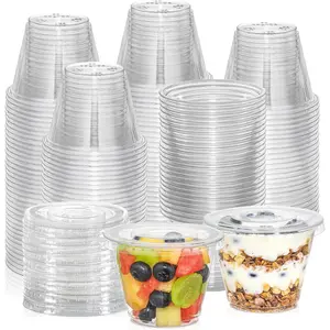 [50 Sets, 9 Clear Plastic Cups With Flat Lids No Hole, Disposable Cups With Lids for Ice Cream, Pudding, Cake, Snacks Smoothie, Milkshake, Cold Drinks