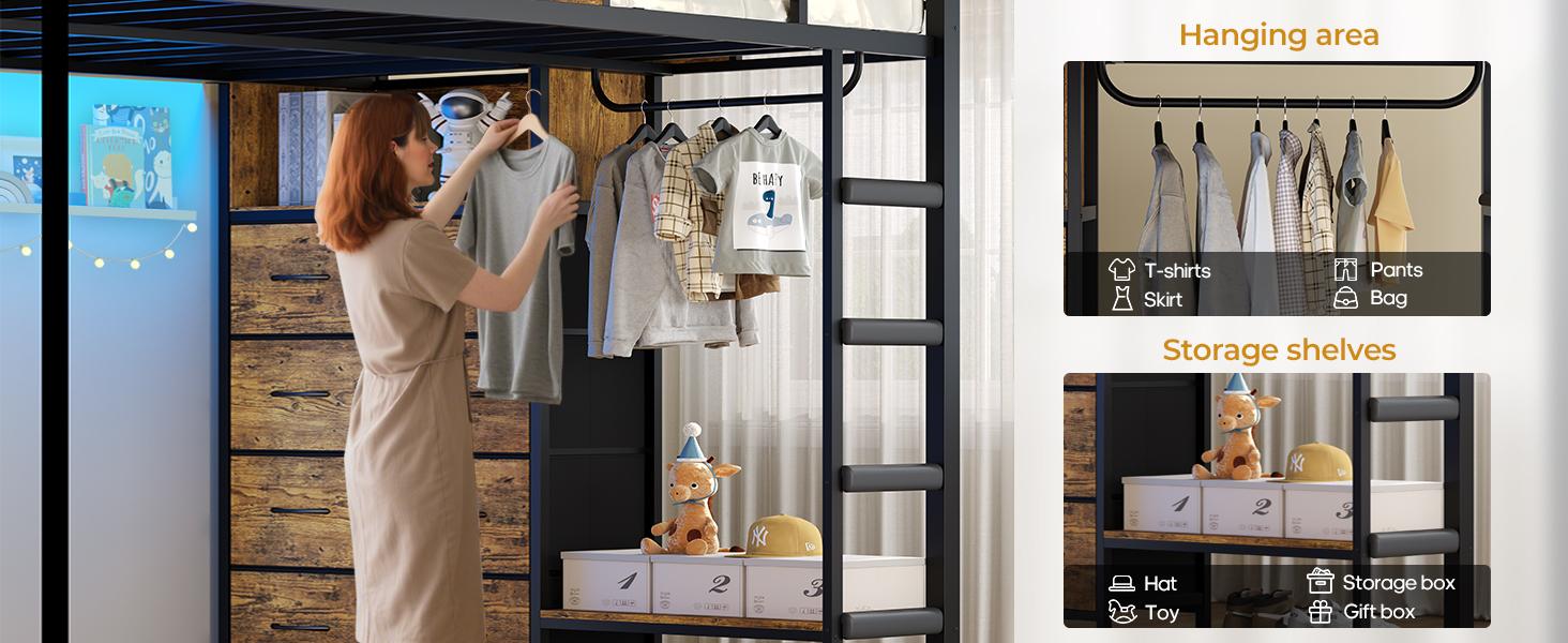 Sikaic Full Over Twin Bunk Bed with 8 Storage Drawers, Metal Bunk Bed with LED Lights & Storage Shelves, Loft Bed with Ladder & 13.4" Safety Guardrail for Kids & Teens summervibes