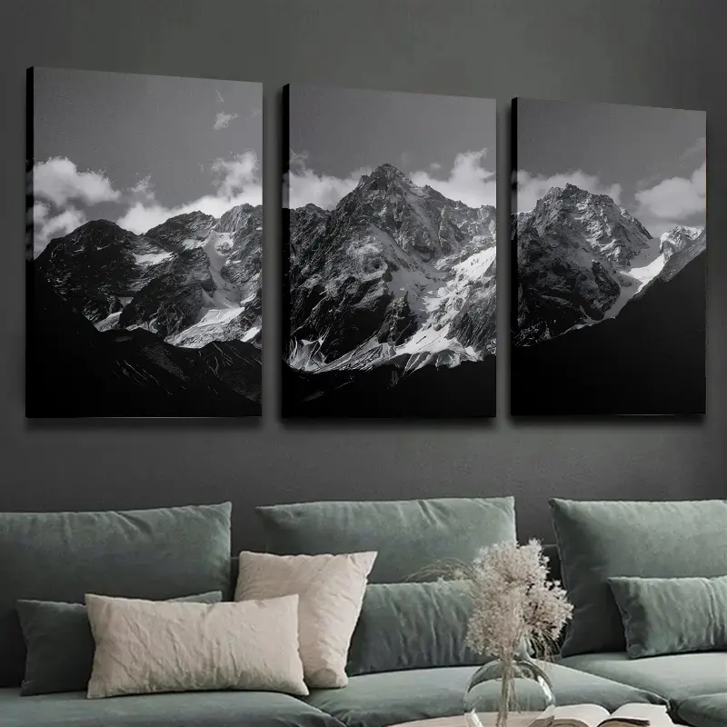 3-piece framed canvas paintings and posters, ready to hang, modern black and white art landscape paintings, mountain home decor, snow-capped peaks, wall art, room decoration, home wall paintings, high-definition print, ideal gift, suitable for living room