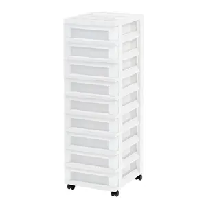 9-Drawer Narrow Plastic Storage Drawer Cart with Organizer Top, White