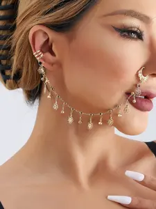 European and American Nose Ring Jewelry, Ethnic Imitation Crystal Tassel Ear Stud Nose Ring, Sweet Cool Metal Nose Clip
