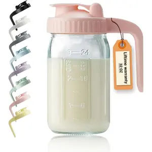 32 oz Glass Pitcher with Lid and V-shaped Pour Spout-1 Quart Container for Breastmilk, Sun Tea, Juice, Cold Brew Coffee - Double Leak Proof, Creamer Container
