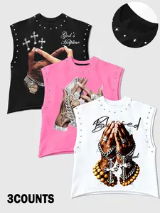 Men's Casual 3-Piece Vest Tank Top Set, Full Graphic Print Prayer Hands & Cross, Comfortable Fit, Ideal for Home, Outdoor, Social Gatherings