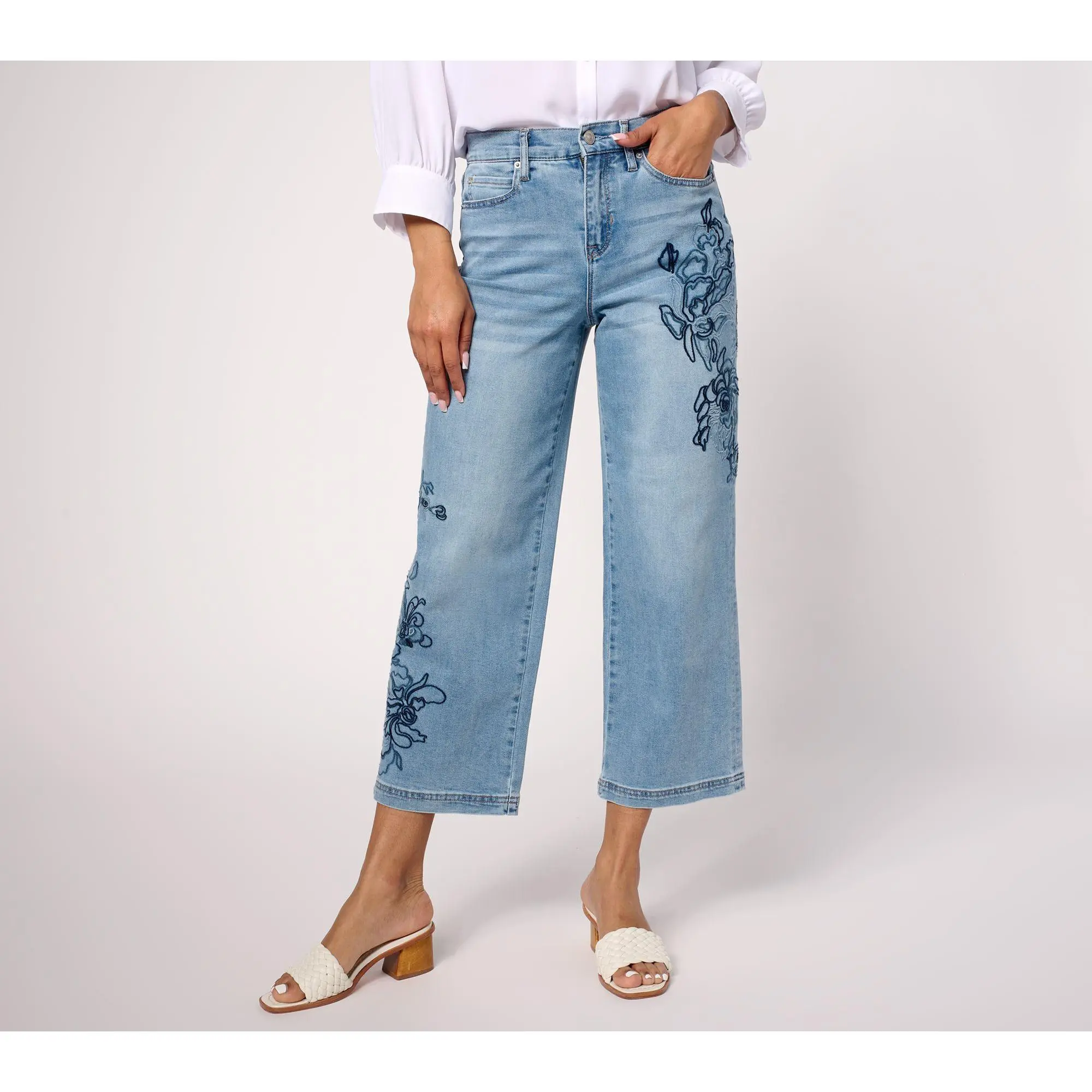 nicole by Nicole Miller Regular Stretch Embroidered Wide-Leg Jeans
