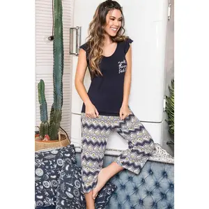 Navy Ruffle-Sleeve Top + Chevron Print Capris