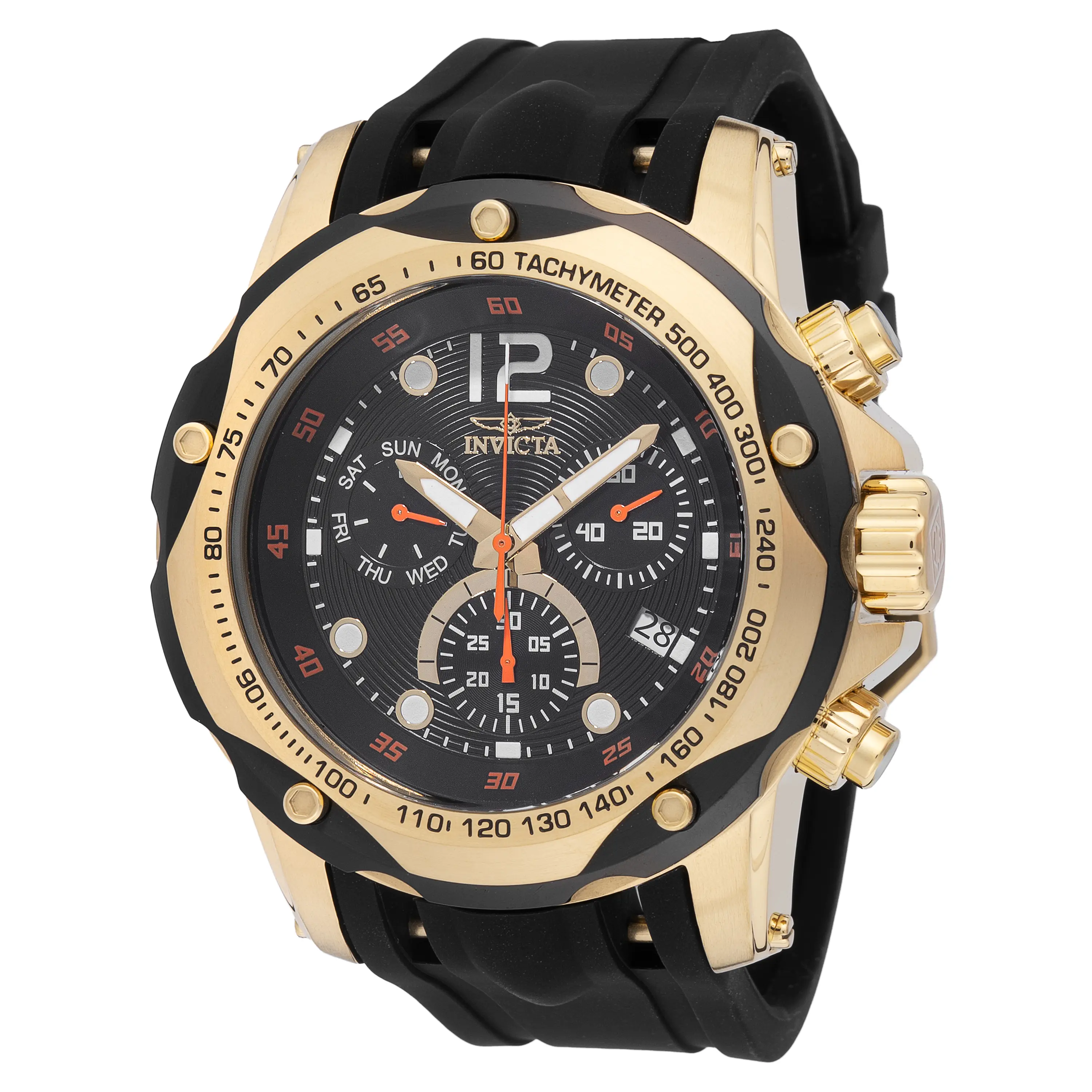 Invicta Men's Speedway Chronograph Watch, Bold Gold-Tone 51mm Case with Analog Round Face, Tachymeter Dial, Black Silicone Strap, Swiss Movement, Water Resistant, Bold Look, Male Wear, Buckle, Date