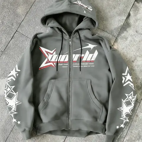 Unisex Zipper Soft Long Sleeve Casual Streetwear Hoodie Sweatshirts with Cool Graphic Letter Star Print, Comfortable Fit Casual Fashion Jacket, Perfect Everyday Inner Wear for All Seasons, Casual Fashionable Outerwear, Fashion Hoodies