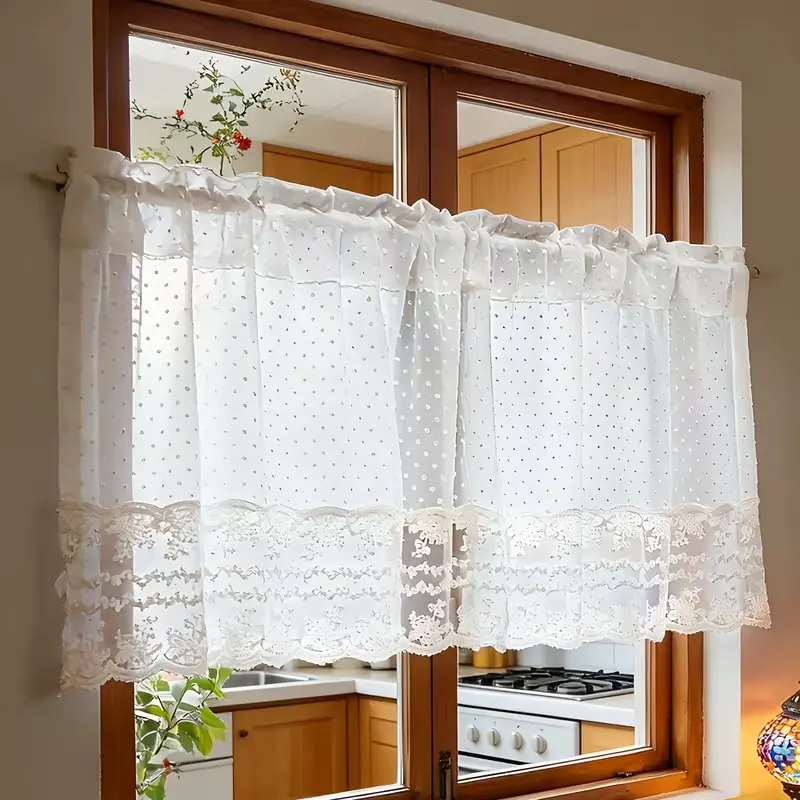 1pc Short Lace Curtains with Floral Embroidery, Kitchen Window Drapes, Bookshelf Curtains, Rod Pocket Design, Perfect for Coffee Area, Home Decorative Curtain, Embroidered Curtains