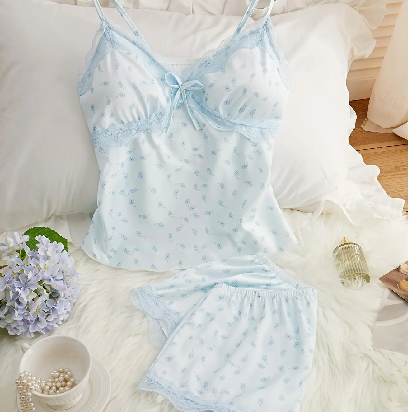 Women's Floral Loungewear Pajama Set, Smooth cool fabric,Comfy Bow Decor Cami Top & Elastic Waist Shorts Pj Set,Summer Wear Sets, Womenswear, Pajama Sets, Feminine,Loungewear
