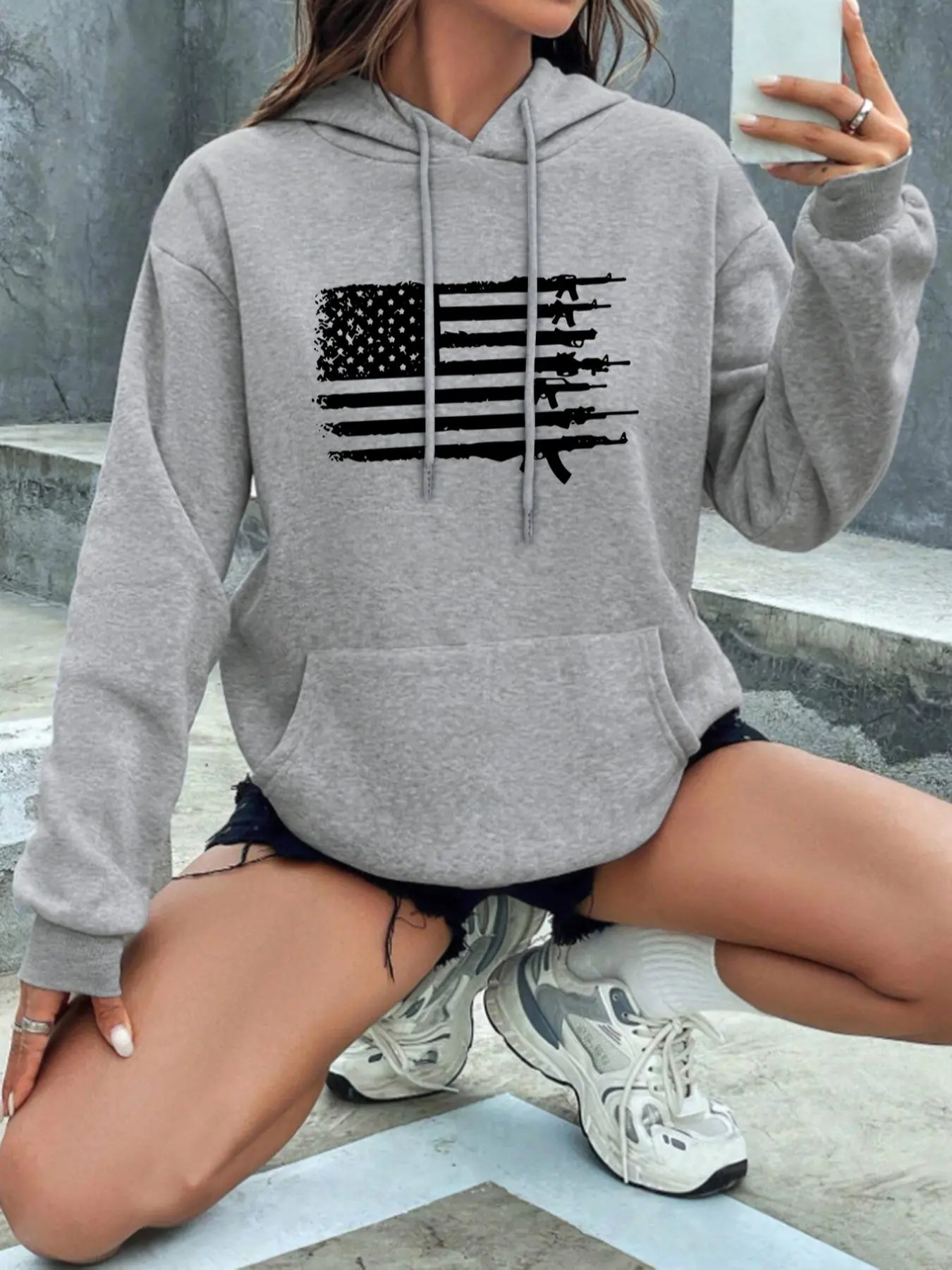 Women's Flag Print Drop Shoulder Hoodie, Fall Clothing Women, Casual Long Sleeve Drawstring Kangaroo Pocket Hooded Sweatshirt, Essential Hoodies, Ladies Fall & Winter,  Clothes for Daily Wear, Fall Clothes 2024, Everyday, Tops, Garment