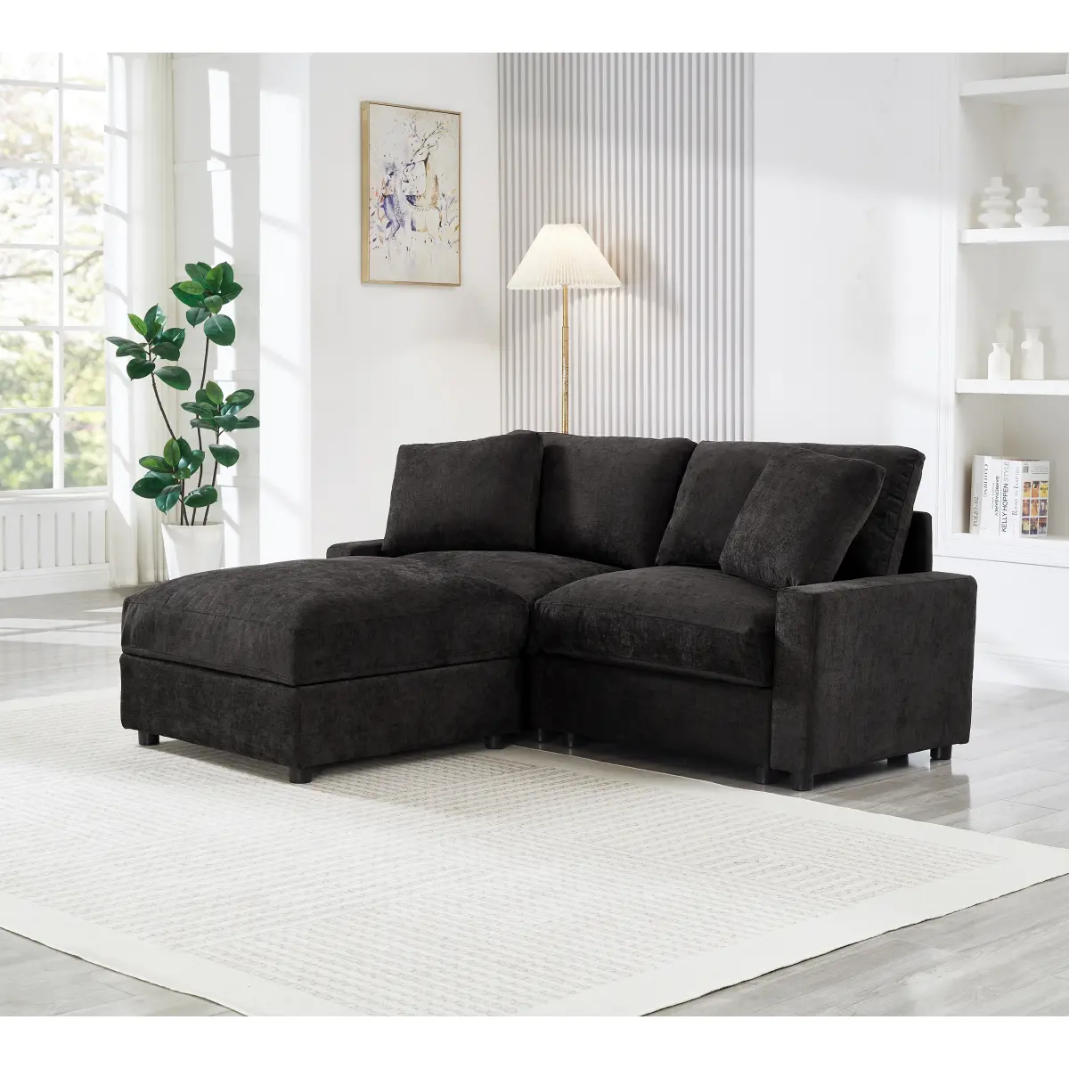 Modern Modular L-Shaped Polyester Fabric Solid Wood Sectional Sofa - 2-Seater Couch with Foam Deep Seats, Square Arms, 3 Storages, Storage Ottomans, Flexible Combination, 31.5*27.95*18in, 178.57 lbs, Tool-Free Setup for Living Room, Bedroom (Black), Flexi