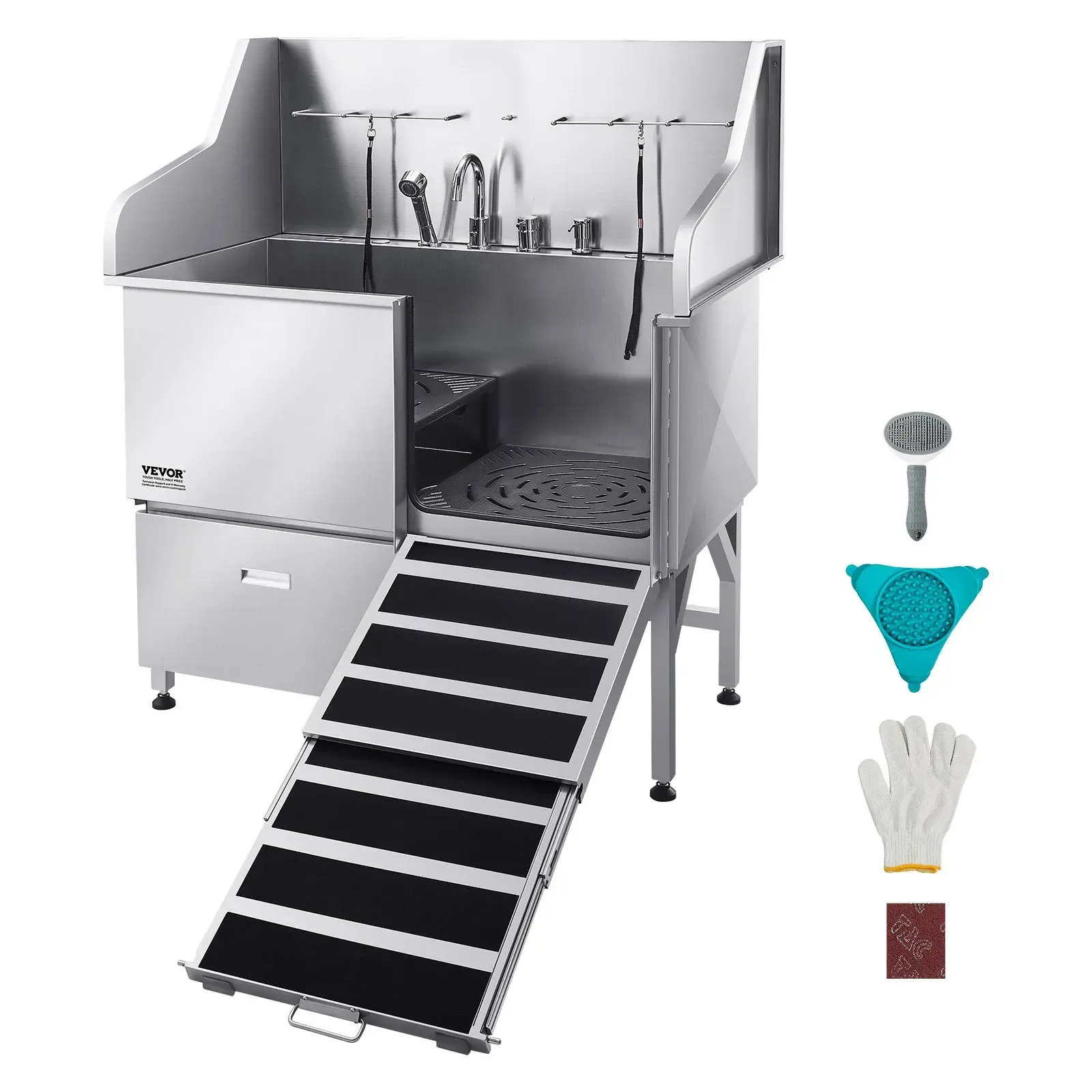 VEVOR 304 Stainless Steel Dog Washing Station, 50 Inch Pet Grooming Tub with Non-Slip Low-Slope Ramp, Storage Drawer, Hot & Cold Faucet, All-in-One Bath for Grooming Shop, Fits All Sizes (Right Door)