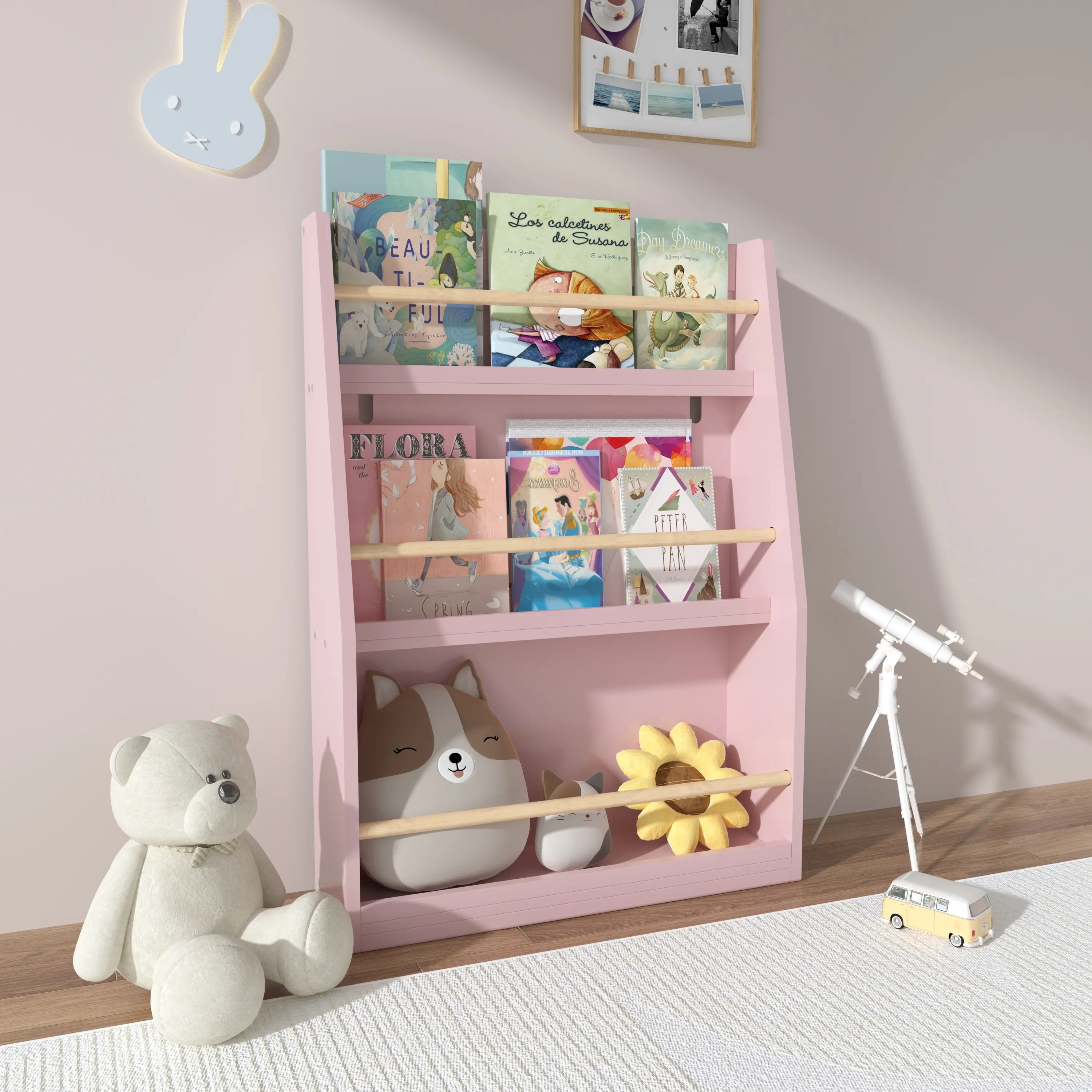 3 Tier Kids Bookshelf Wooden Toddler Book Rack with Front Display Montessori Toddler Storage Organizer Tipover Restraint Compact Fit for Nursery Playroom pink