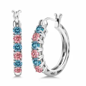 Gem Stone King 925 Sterling Silver Blue Lab Grown Diamond and Pink Lab Grown Diamond Hoop-Earrings Earrings For Women | 1.44 Cttw | Round 3MM | Gemstone April Birthstone