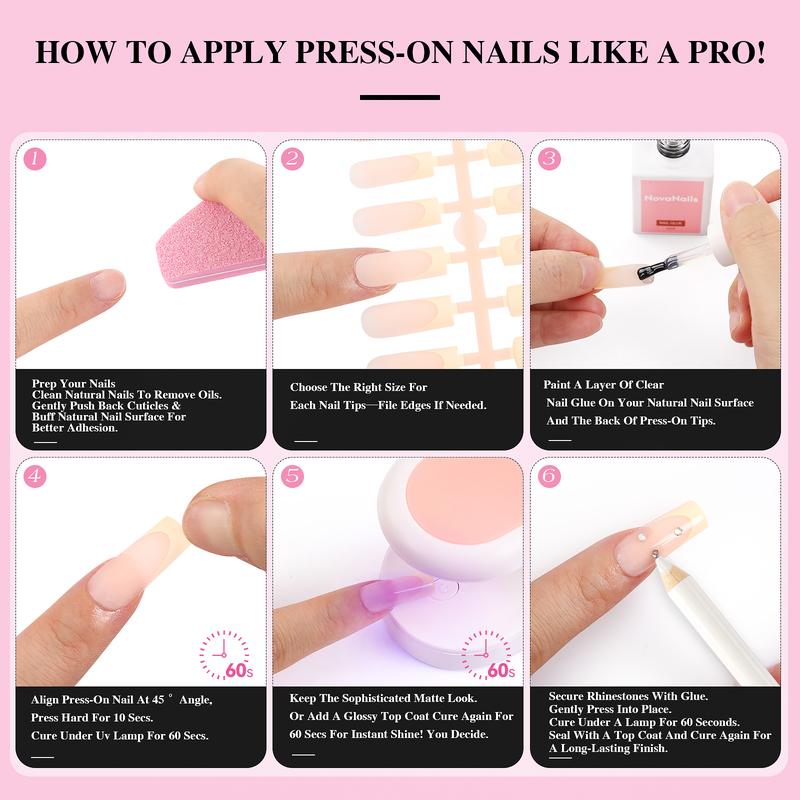 NOVANAILS French Tip Press On Kit 150Pcs Medium Square Skin Tones Gel Nail Tips Starter Kit for Gift and Nail Art DIY,Decorations Rhinestone Art Glue with Brushes Nude Acrylic Powder