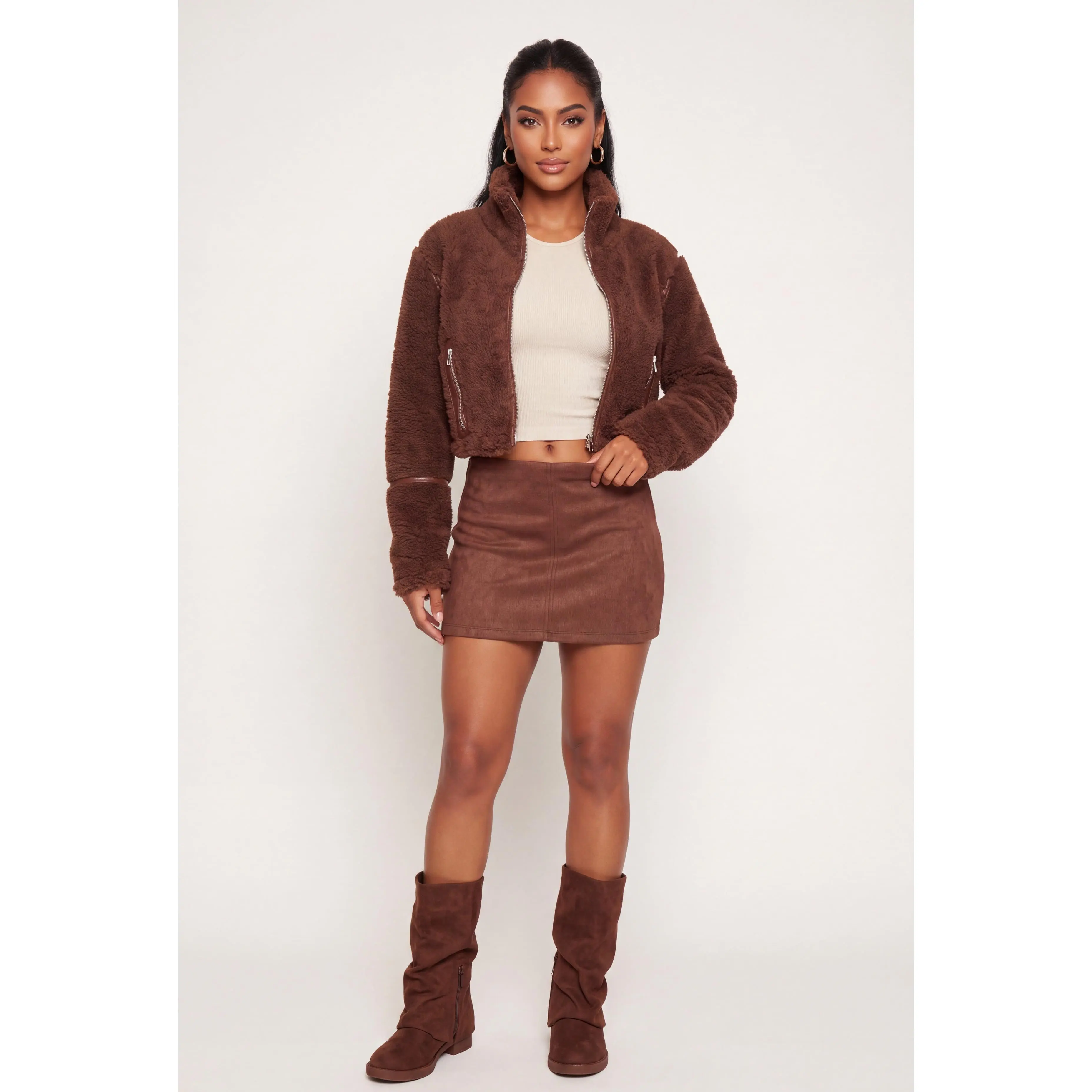 Faux Leather Detail Zip Front Sherpa Jacket