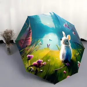 1PC Personalized Folding Umbrella with Rabbit Pattern by the Grass and Lake, Printed Rain Umbrella, Suitable as a Birthday Gift, for Various Holidays, Travel, and Giving