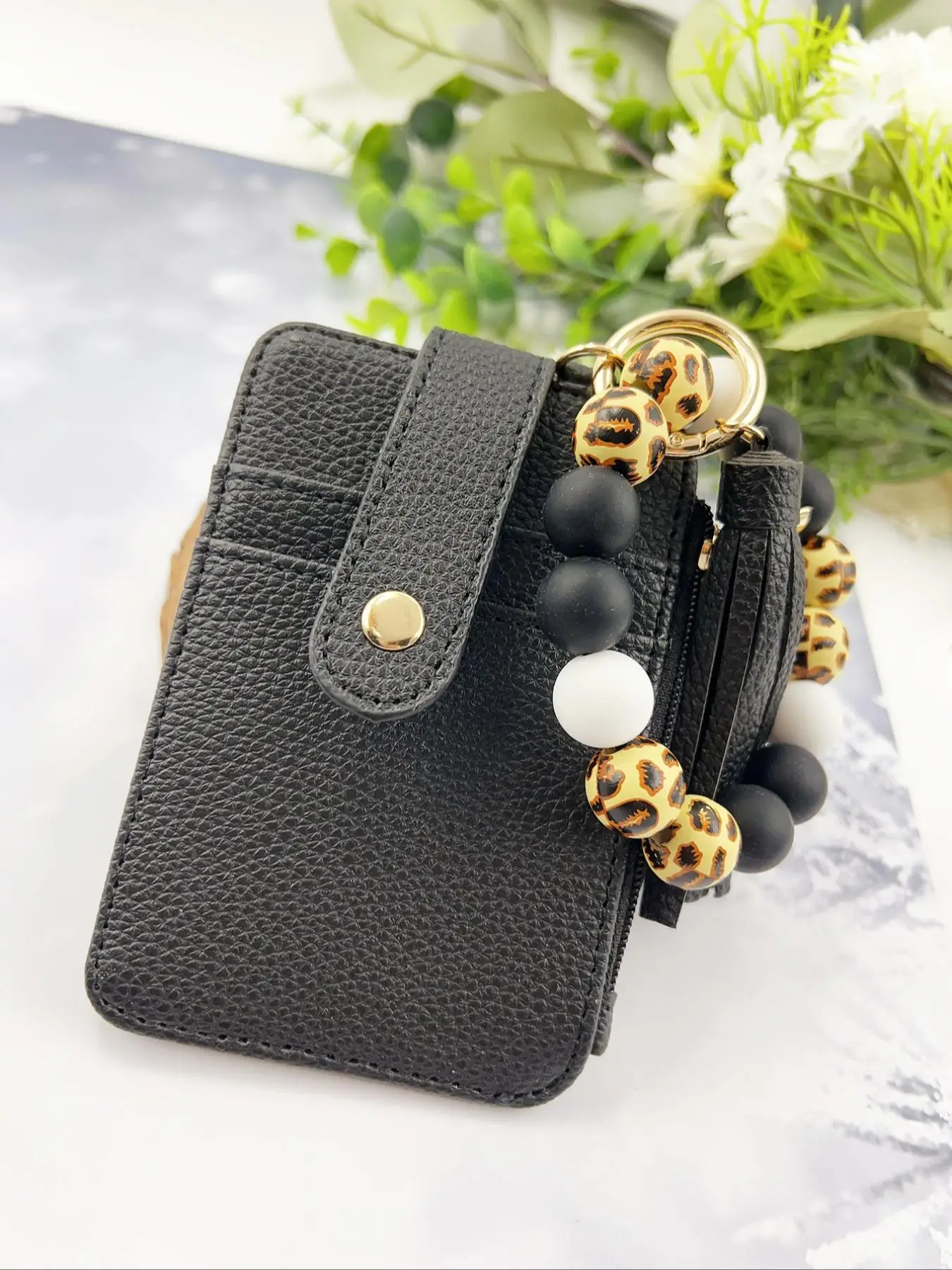 Women's Cute Leopard Pattern Beaded Keychain & Wallet, Trendy Card Holder & Keychain Set, Chic All-match Keychain Set As Gift for Mom & Friends