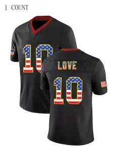 Men's #10 "LOVE" Green Sport Jersey - Breathable Polyester V-Neck, Short Sleeve with American Flag Design for Training & Competition Workout Top, Sports Top