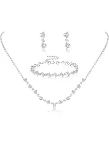 Silver Bridal Wedding Jewelry Set Crystal Necklace Bracelet Dangle Earrings Set for Bride Bridesmaid Rhinestone Necklace Prom Costume Jewelry Set Accessories for Women