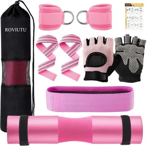 Barbell Pad Set 10PCS – Hip Thrust Squat Pad, Olympic Bar Pad with Ankle Straps, Gym Straps, Gloves & Resistance Band with Carry Bag