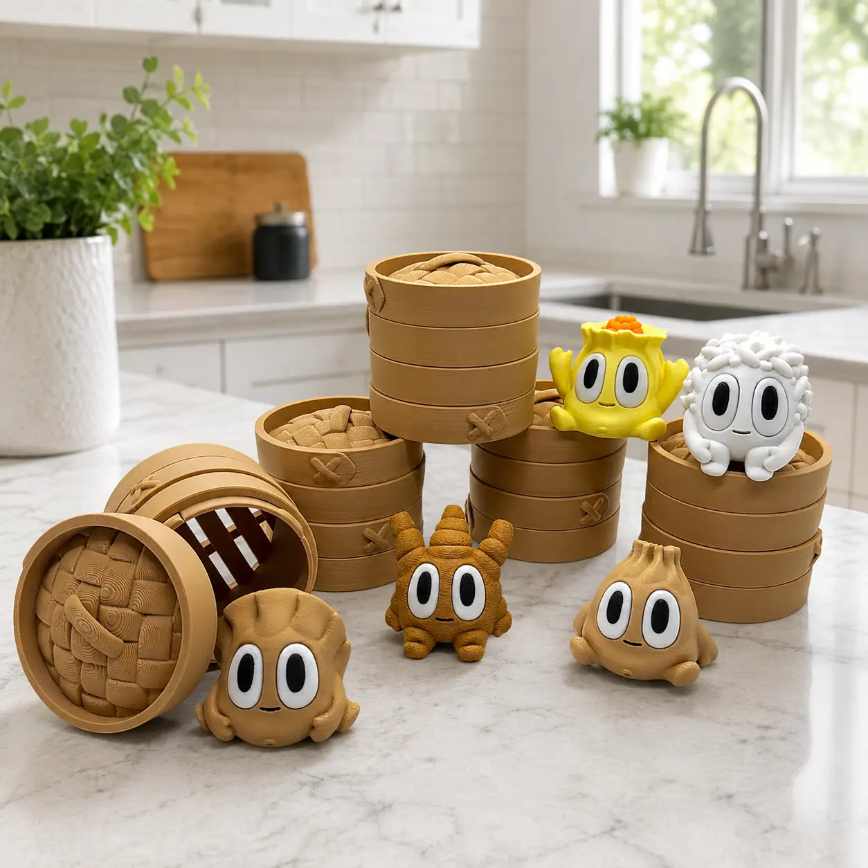 Blob Dim Sum Dumplings in Steamer Basket | Cute Collectibles | 5 Styles Available | Desktop Decor
