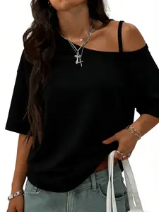 2 Pack off Shoulder Oversized T-Shirts for Women, Y2K Aesthetic Asymmetrical Strap Tees, Tiktok Viral Edgy, Perfect for Club & Party
