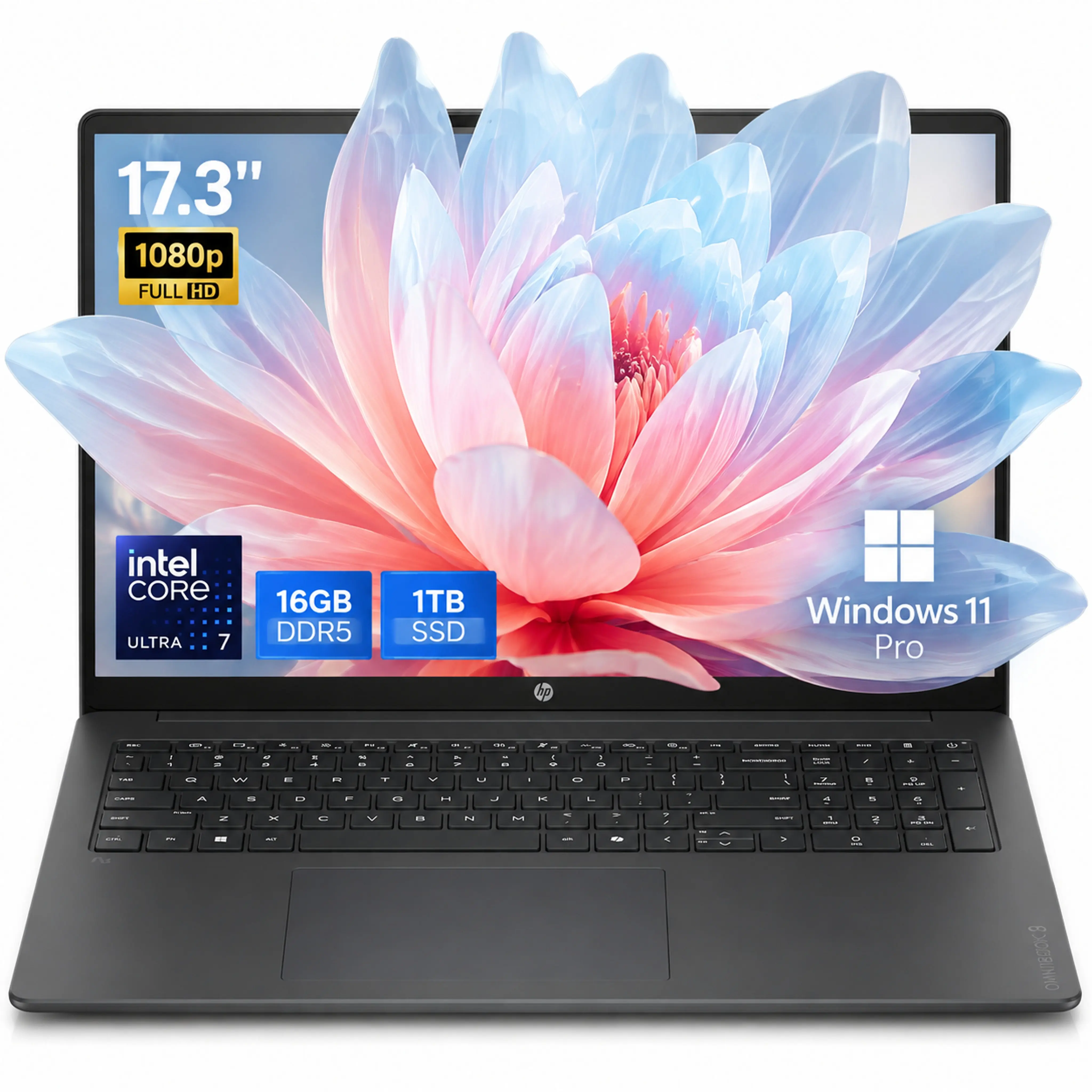 HP OmniBook 3 17.3" FHD IPS Touchscreen Laptop - Intel Ultra 7 355 Processor (Up to 4.7 GHz), 16GB DDR5 RAM, 1TB PCIe Gen4 NVMe SSD, copilot+ PC, Backlit Keyboard, Windows 11 Pro, Wi-Fi 6