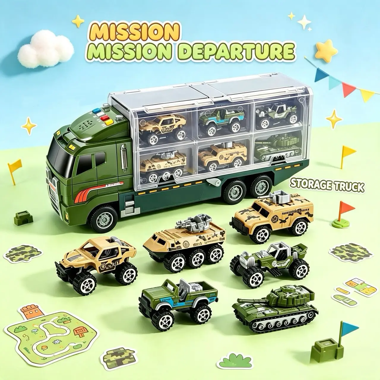 2-Piece 1:64 Scale Die-Cast Military Vehicle Toy Set, Mini Alloy Friction Models - Tank, Armored Vehicle, Off-Road Jeep, Combat Truck - Gift for Boys Age 3+