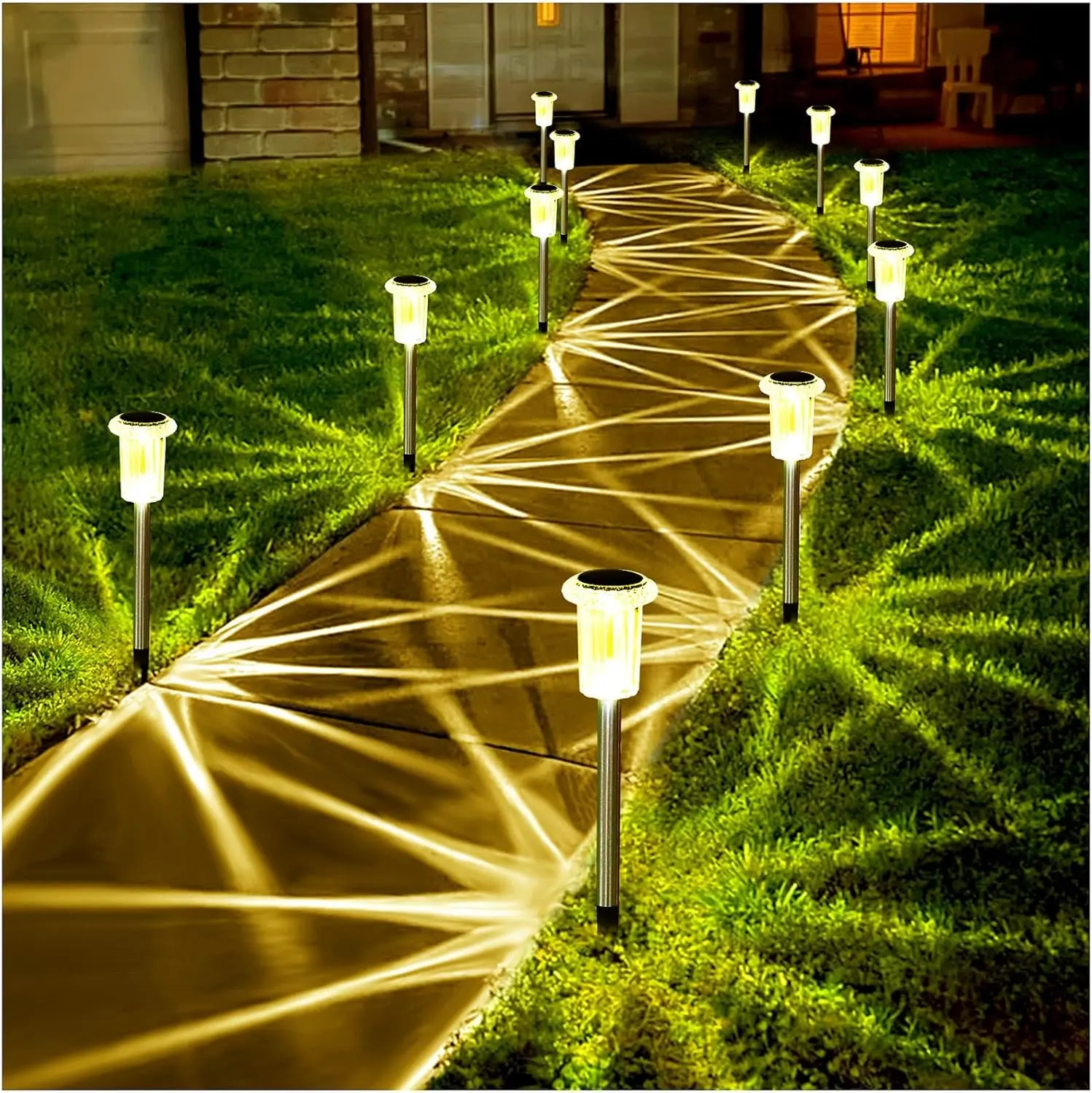 10-Pack Stainless Steel Solar Pathway Lights - Warm White LED Lighting with Auto On/Off, Halo Effect, Waterproof Design for Yard, Walkway, Garden - Solar Patio Lights for Outdoor Home Improvement & Garden Decor, Outdoor Lights Waterproof