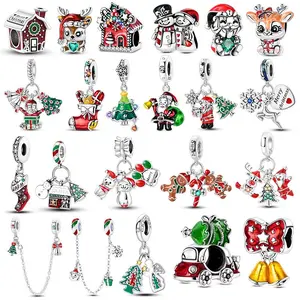 Christmas House Charm For DIY Bracelet 925 Silver Original Santa Claus Bell Elk Snowman Christmas Tree Jewelry New Year Gift