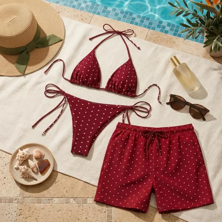 Summer 2026 Matching Couples Swimwear Polka Dot, Women's Triangle Bikini Set & Men's Swim Trunks, Honeymoon Beachwear, Burgundy Red Matching Swimsuits