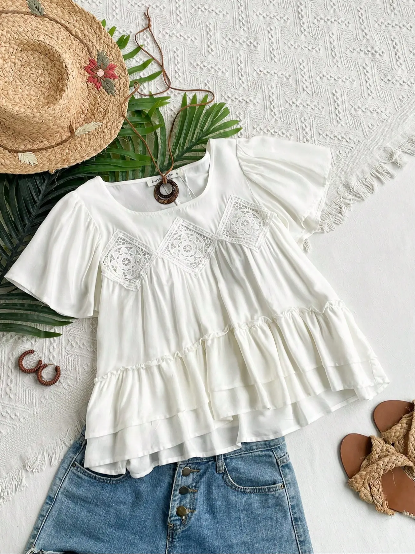 Plus Size Women's Bohemian Lace Trim Woven Lightweight Round Neck Short Sleeve Top, Loose Fit Spring & Summer Casual Shirt Blouse for Daily Wear