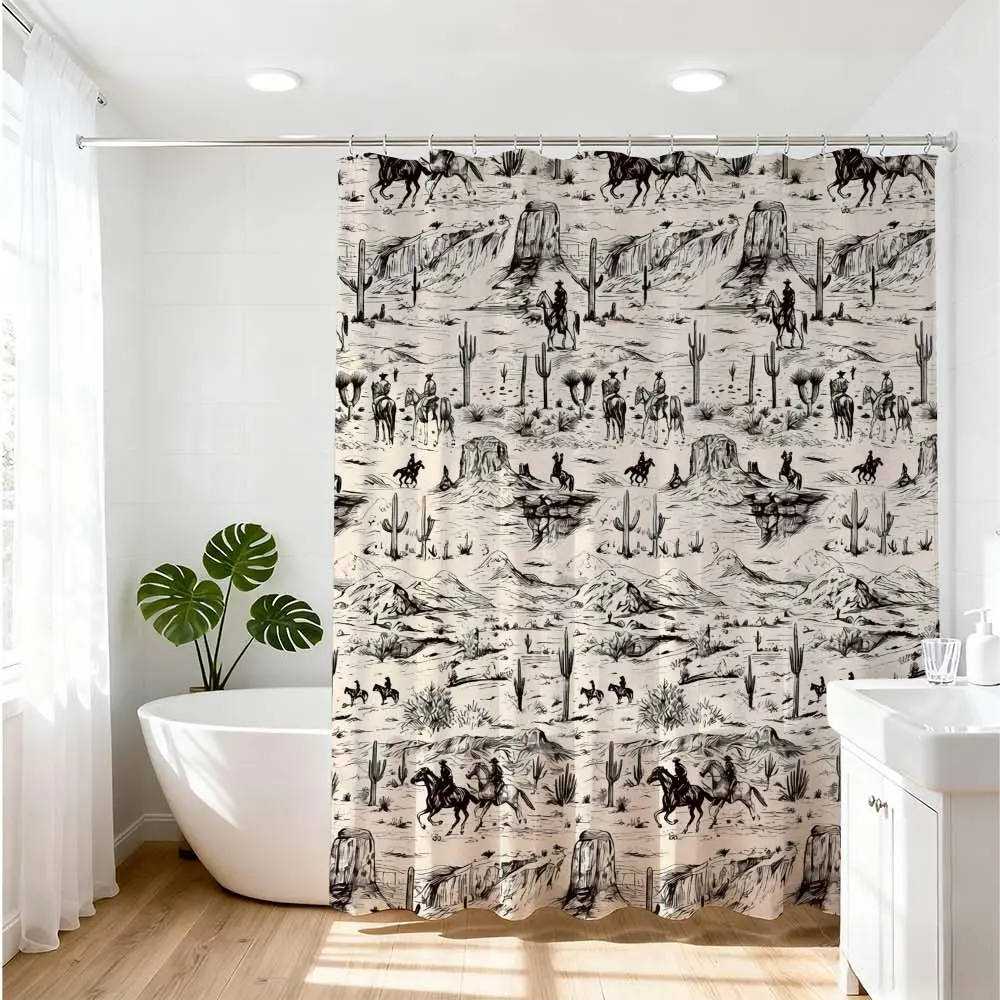 1pc Rustic Western Waterproof Decorative Shower Curtain, Western Shower Curtains For Bathroom, Bathroom Accessory, Cowboy Theme for Classic Bathroom Decoration with Vintage Desert Landscape, Monochrome Printed Patterns for Home Decoration