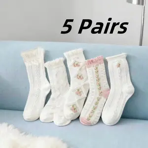 5 Pairs Women'S White Socks - Lace Ruffle  Christmas Gifts for Women