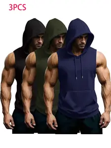 Summer New Men's Running Hooded Vest Set, Gym Essential Cool Fit Comfortable, 3 Piece Pack, Sporty Style, Long Length, Plain Pattern