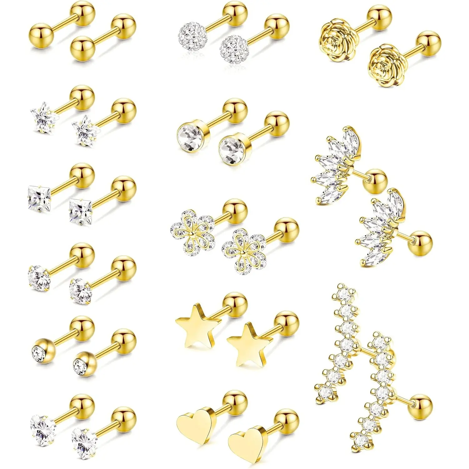 Milacolato Women's 12Pairs 16G 1.2mm Hypoallergenic Surgical Stainless Steel Gold Rose Cartilage Earrings Set - Artificial Zircon, Beaded, Lightweight, Simple, for Daith Piercing Earrings, Ear Stacking, Daily, Trip, Anniversary