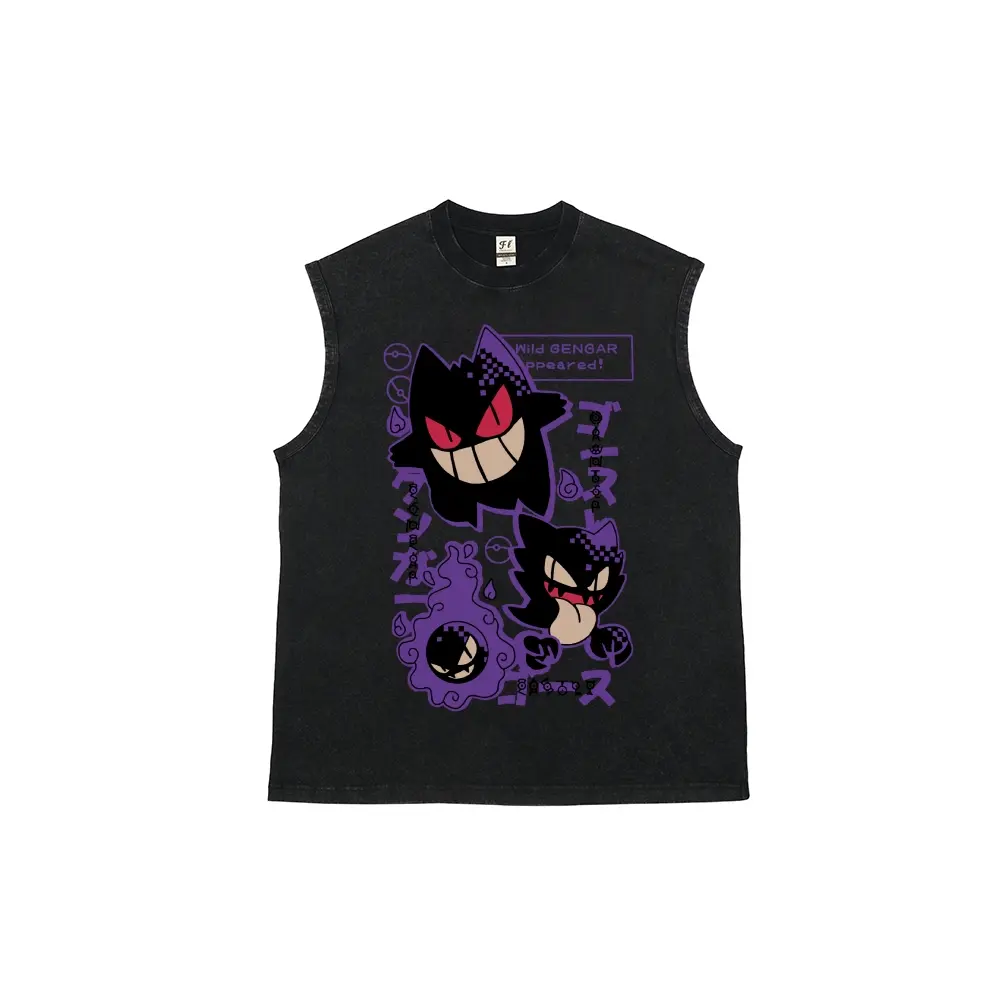 "Wild GENGAR appeared! GASTLY" Purple Ghost Creature Evolution Unisex Plus Size Summer Graphic Tees Personalized Pattern Y2k Clothing Round Neck Sleeveless Washed Vests,Women's Clothing 100% Cotton, Menswear, Top, Vintage Style, Casual Oversized