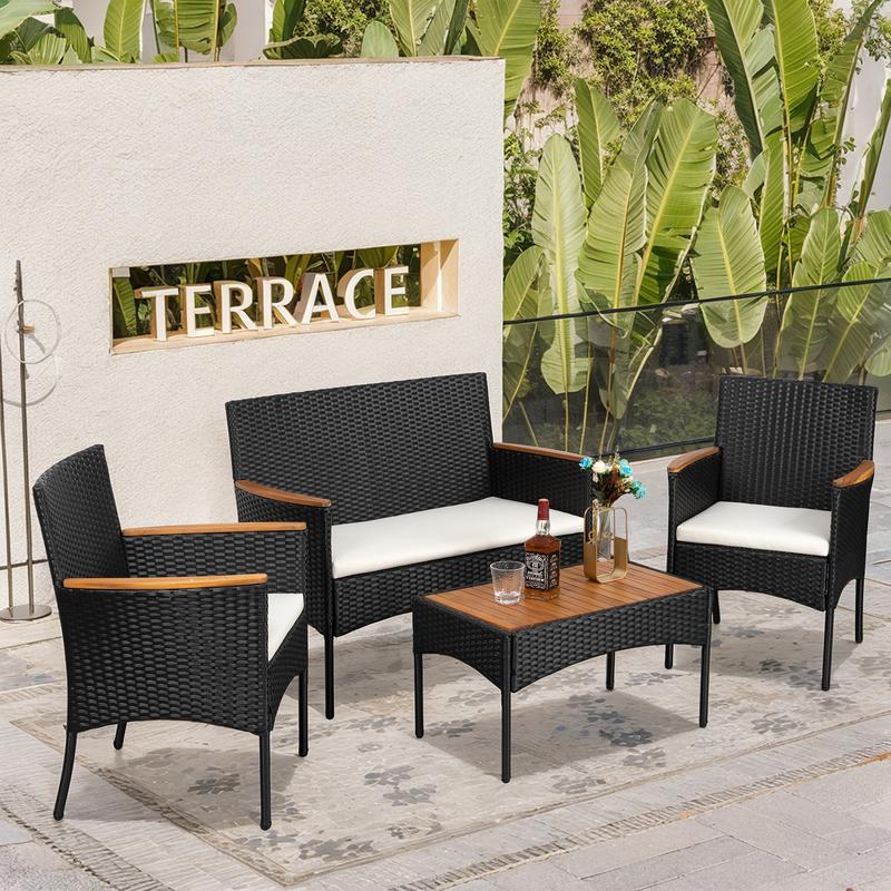 Walsunny 4-Piece Patio Furniture Set, Outdoor Wicker Patio Set with Cushions and Wooden Table for Lawn Backyard, White Rustic Dining Compact