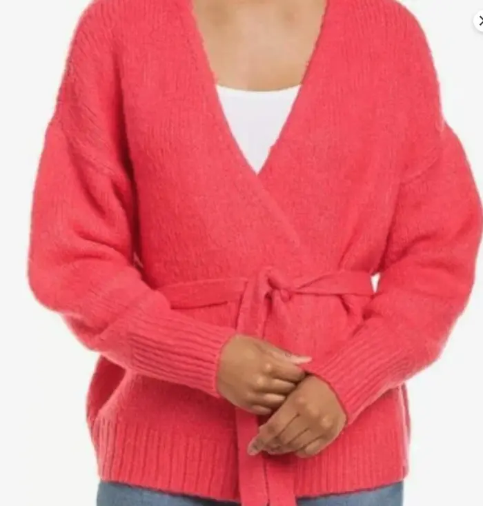 1 State Womens Belted Cardigan Sweater, Pink, Large