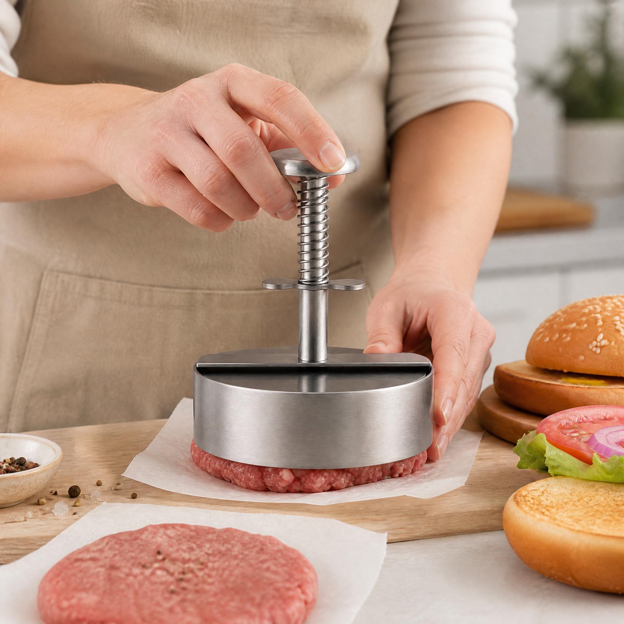 Stainless Steel Burger Patty Press – Spring-loaded mold for making perfect, evenly shaped patties; nonstick iron burger press for kitchen and BBQ #KitchenGadget