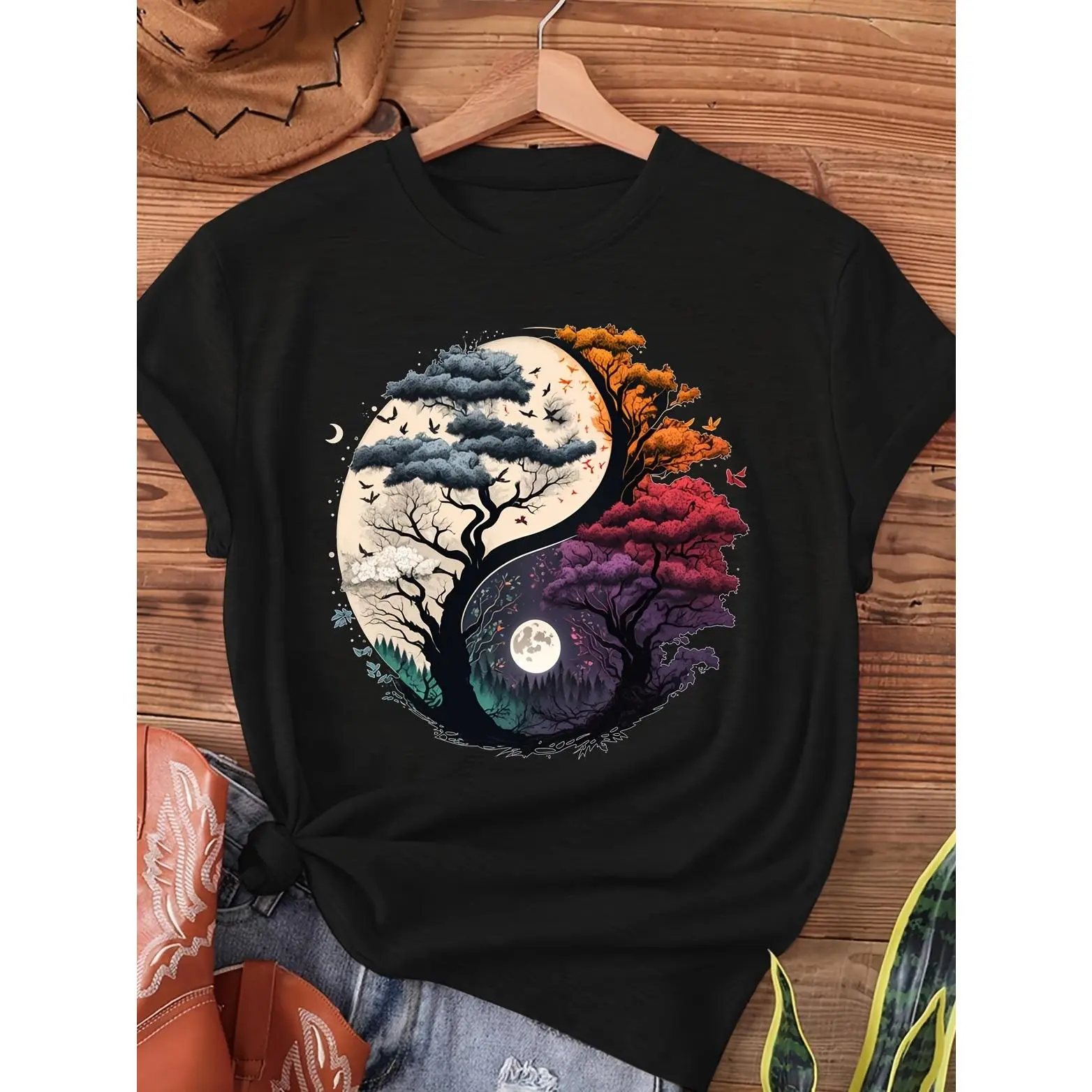 Women's Oversized Yin Yang Tree of Life Graphic T-Shirt, Shortsleeve Loose Fit Pull On Top in a Soft Cotton Blend