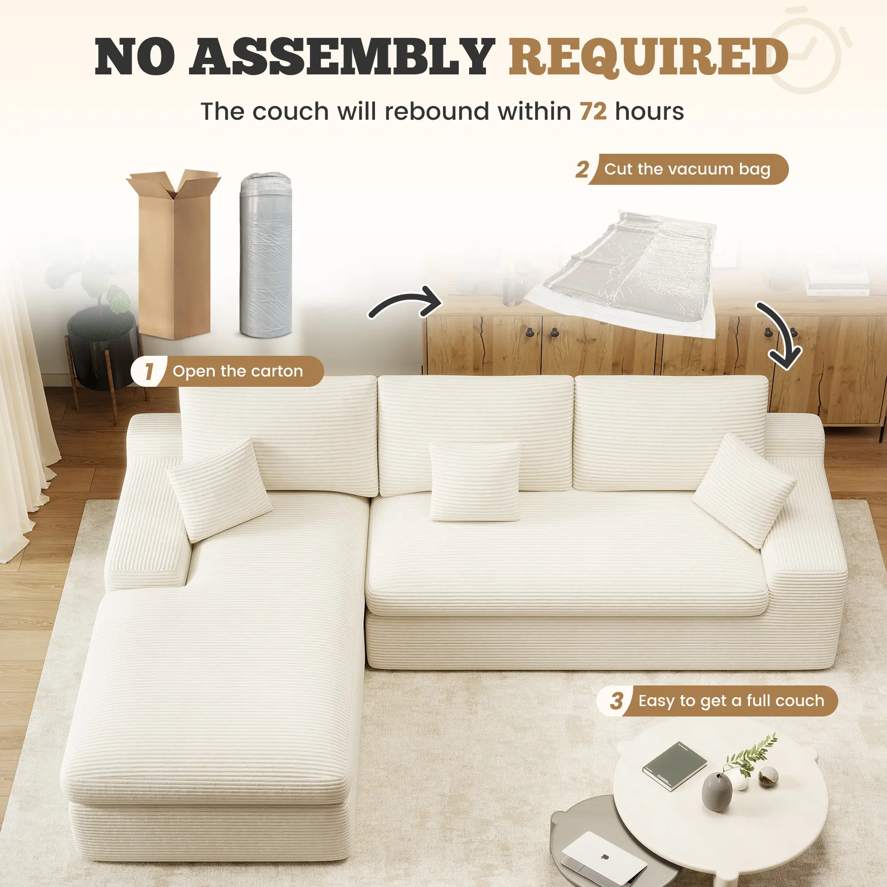 112" Modular Sectional Sofa for Living Room, Convertible L-Shape Couch with Ottoman,Cloud Boneless Couch with Layered Cushion