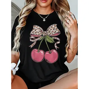 100% Cotton Women's Cherry Leopard Print Bowknot Short Sleeve Round Neck T-Shirt Golf Gift Unisex T-Shirt