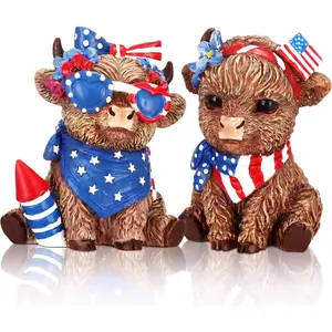 2 count 4th of July Highland Cow Figurines Decor Patriotic Highland Cow  Scottish  Statue  Lovers Gifts for 250th Anniversary Memorial Day  Garden Kitchen Office Table Shelf